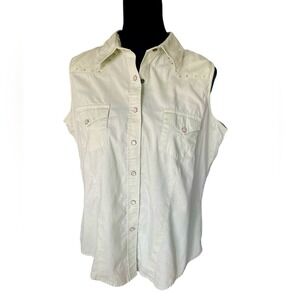 Vintage Rockies Light Green Sleeveless Western Pearl Snap Button Front Shirt, XL